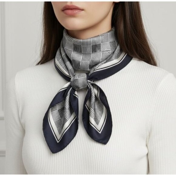❤️Elegant Bandana Square Scarf Silky Satin Soft BLACK Beige Hounds Tooth hijab❤️ - Picture 1 of 6